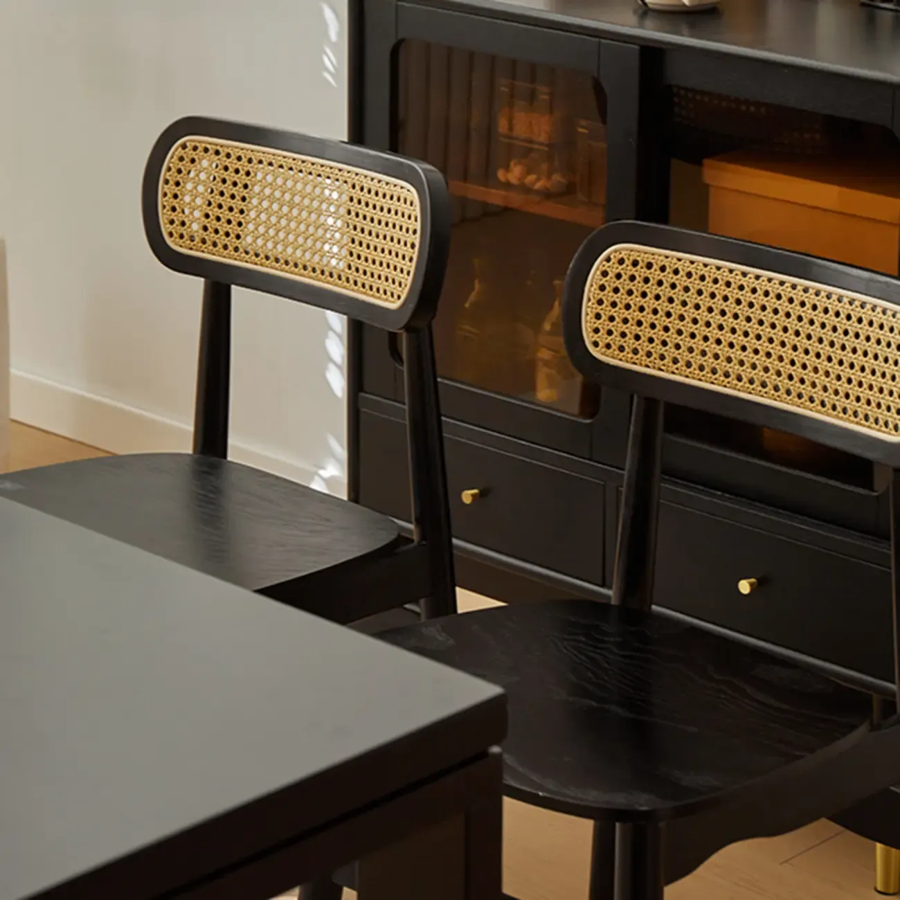 Rustic Black Wooden Armless Dining Chair with Handwoven Back