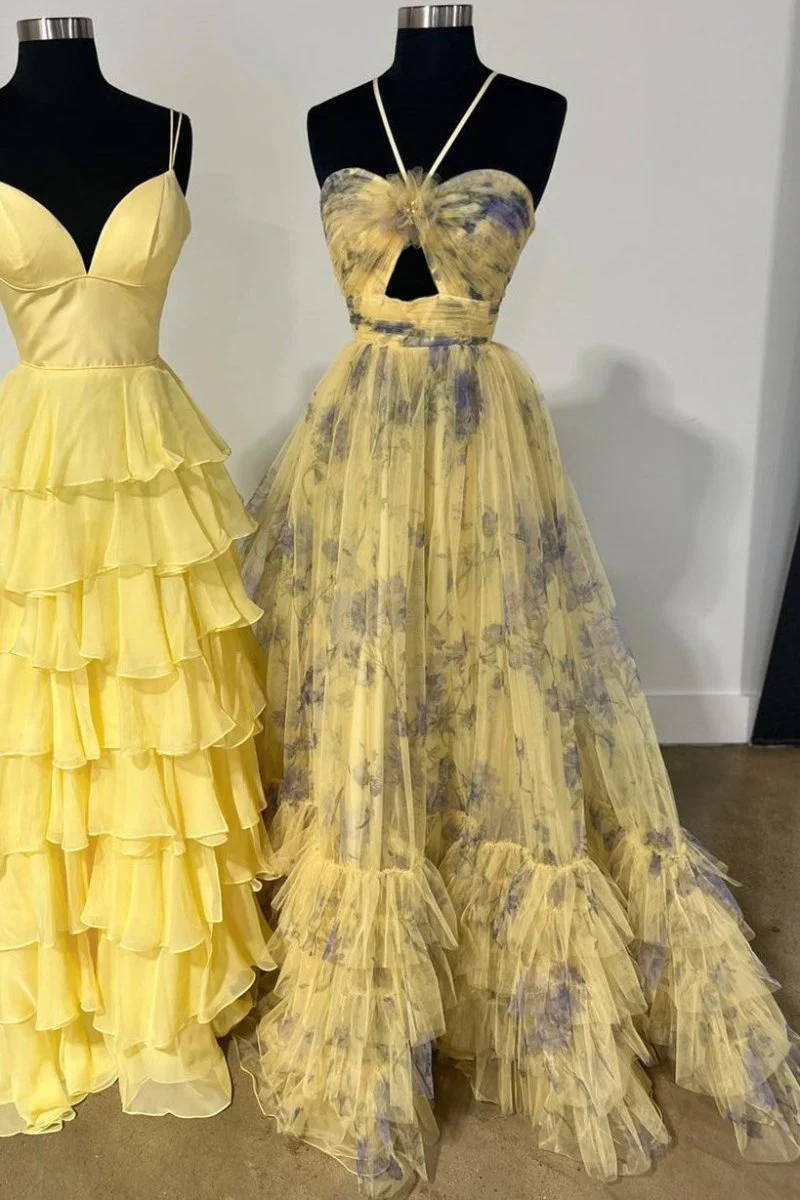 Pink Print Halter Keyhole A-Line Long Prom Dress