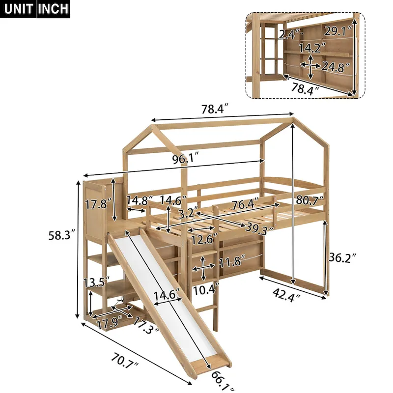 Twin Wood House Loft Bed with Slide