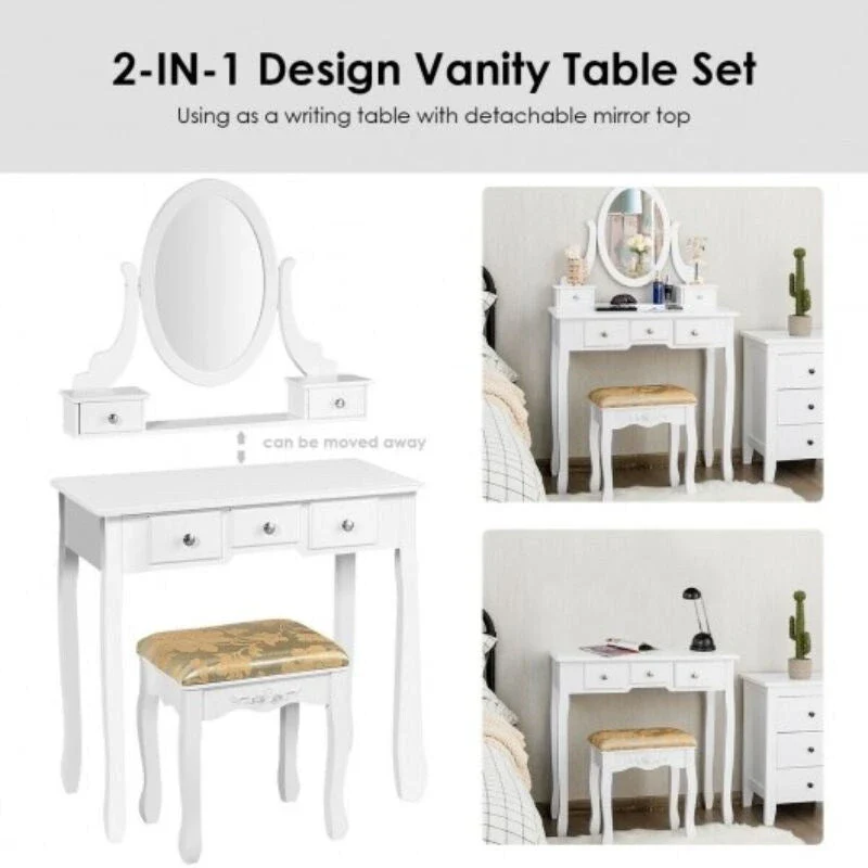 Vanity Make Up Table Set Dressing Table Set with 5 Drawers - 31.5  x 16  x 53.5  ( L x W x H )
