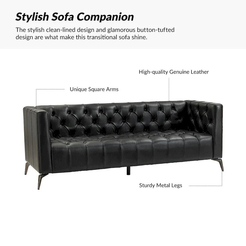 Transitional Genuine Leather Sofa with Metal Legs and Tufted Back