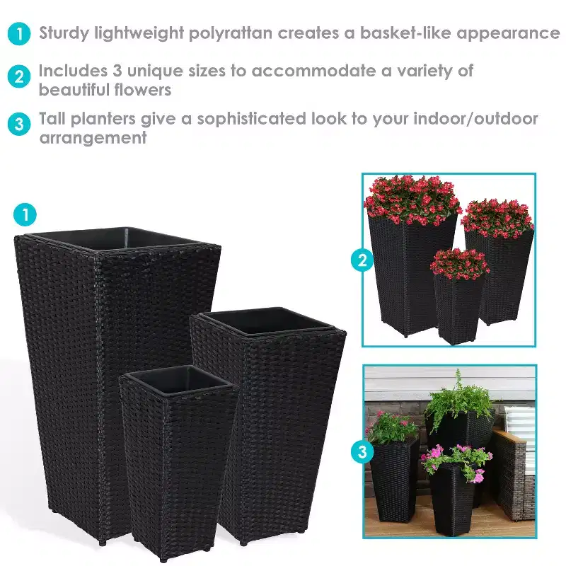 Sunnydaze Decorative Square Polyrattan Basket-Style Planters - 9, 11.5, and 14.75 Square - Black - 3-Piece Set