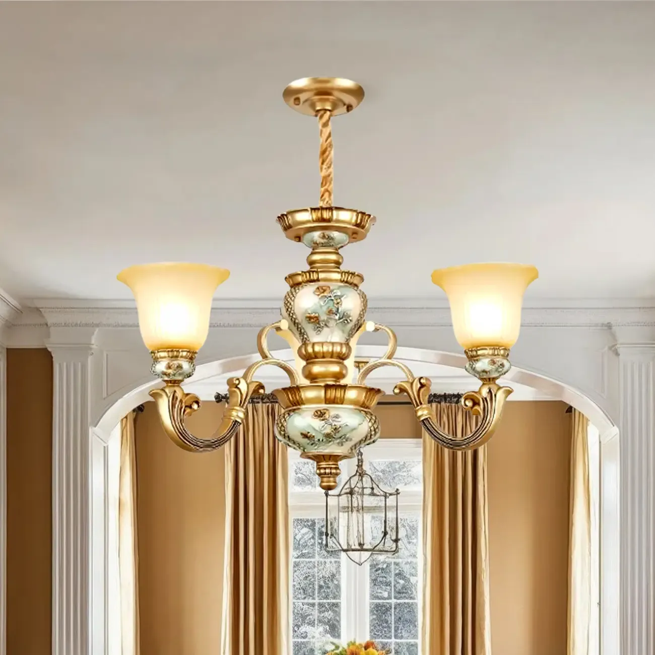 Antique Gold Ceramic Chandelier with Frosted Glass Bell Shape