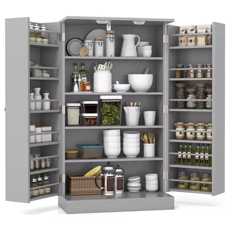 Costway 41 Farmhouse Kitchen Pantry Storage Cabinet withDoors Adjustable Shelves Gray/White