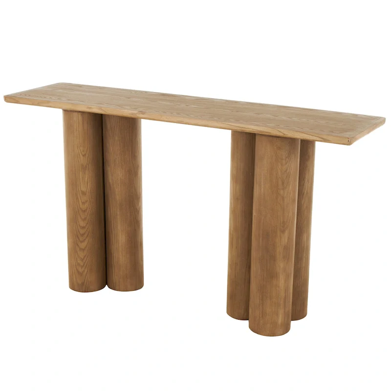 Brown handcrafted wooden console table with column legs