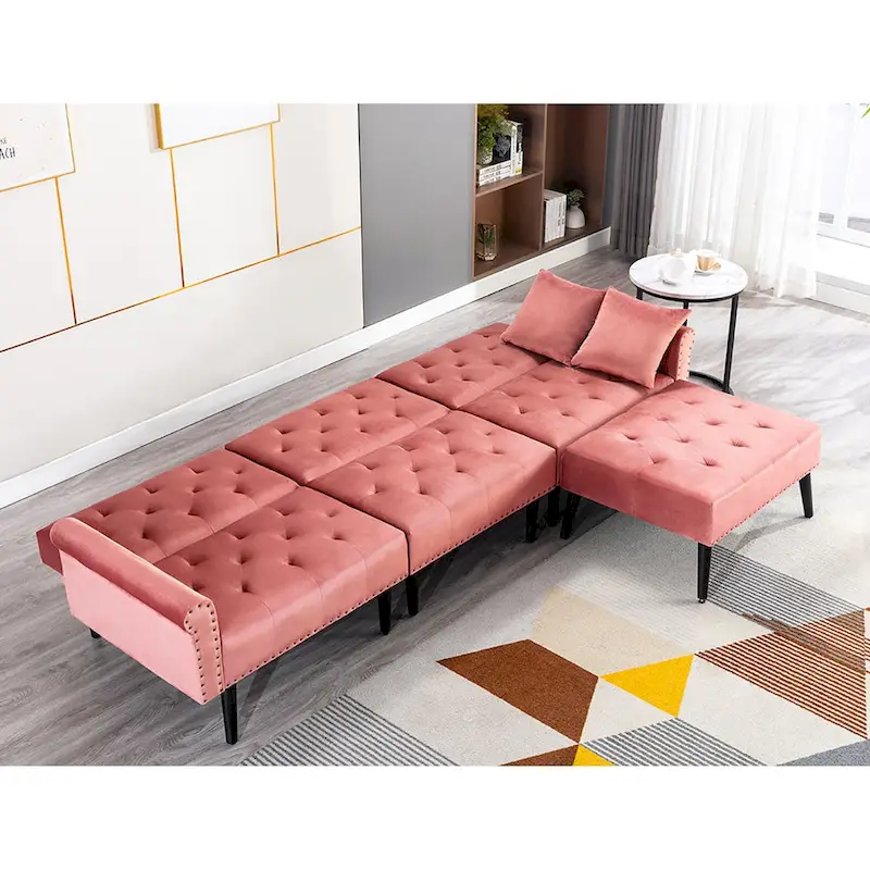 Convertible Velvet Sofa Couch, Sectional Sofa with Ottoman, Mid-Century Futon Sofa Bed - 32D x 100.7W x 29.9H