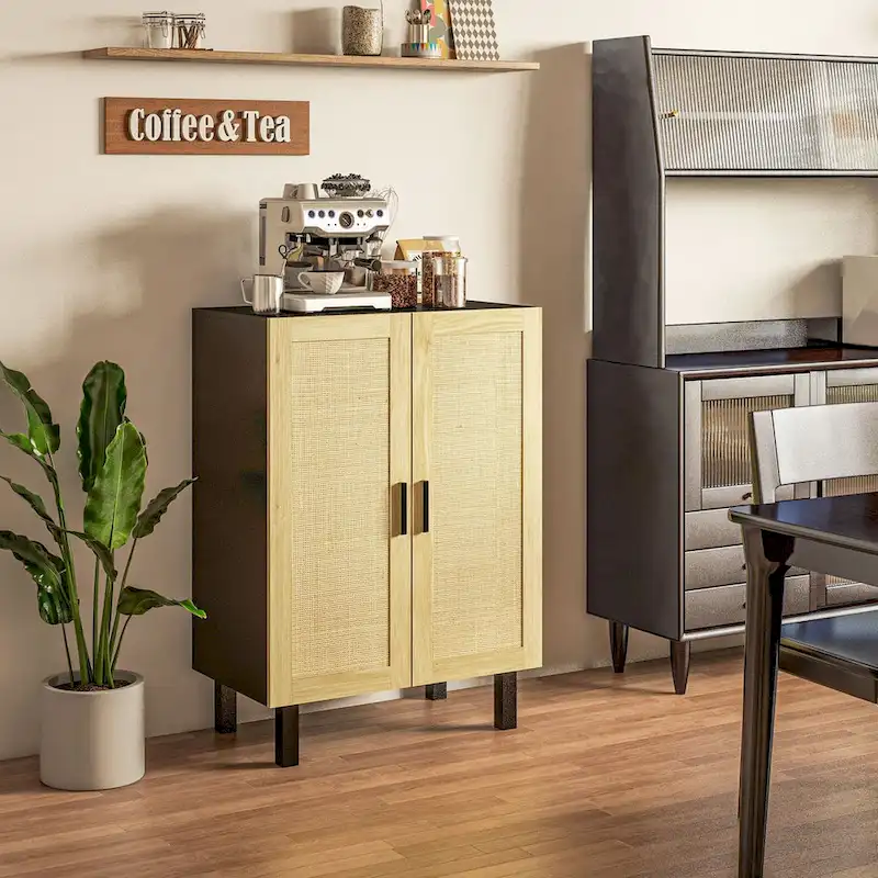 Black / White Boho Sideboard Cabinet with 2 Woven Rattan Doors, 3-Tier Adjustable Shelves & Elevated Base, 1-Person