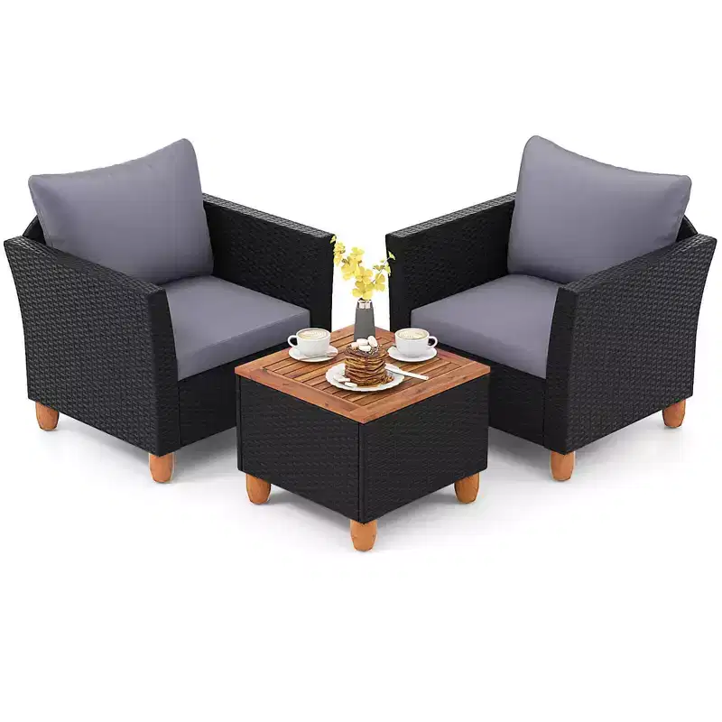 Costway 3PCS Patio Rattan Furniture Set Cushioned Sofa Storage Table with Wood Top White/Black/Grey/Navy/Red/Turquoise