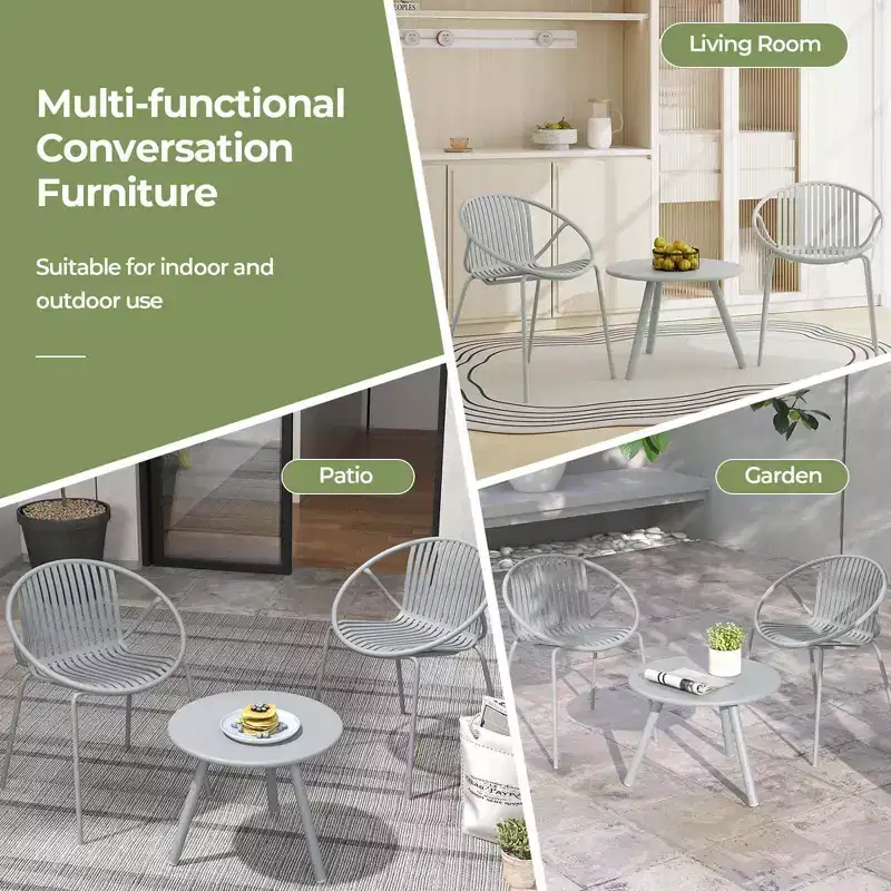 Costway 3 Pieces Bistro Set All Weather PP Patio Conversation Set with Round Coffee table Gray/Green