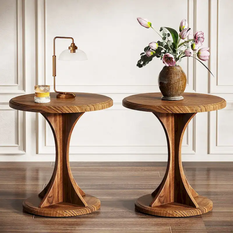 Round End Table 19.7 Wood Hourglass Pedestal Vintage Rustic Brown Waterproof Easy Assembly