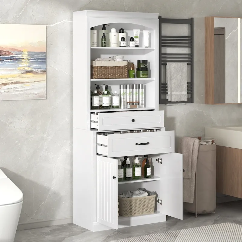White Bathroom Storage Cabinet with Two Doors, Drawers, Adjustable Shelf & Three Open Shelves - Durable MDF Construction