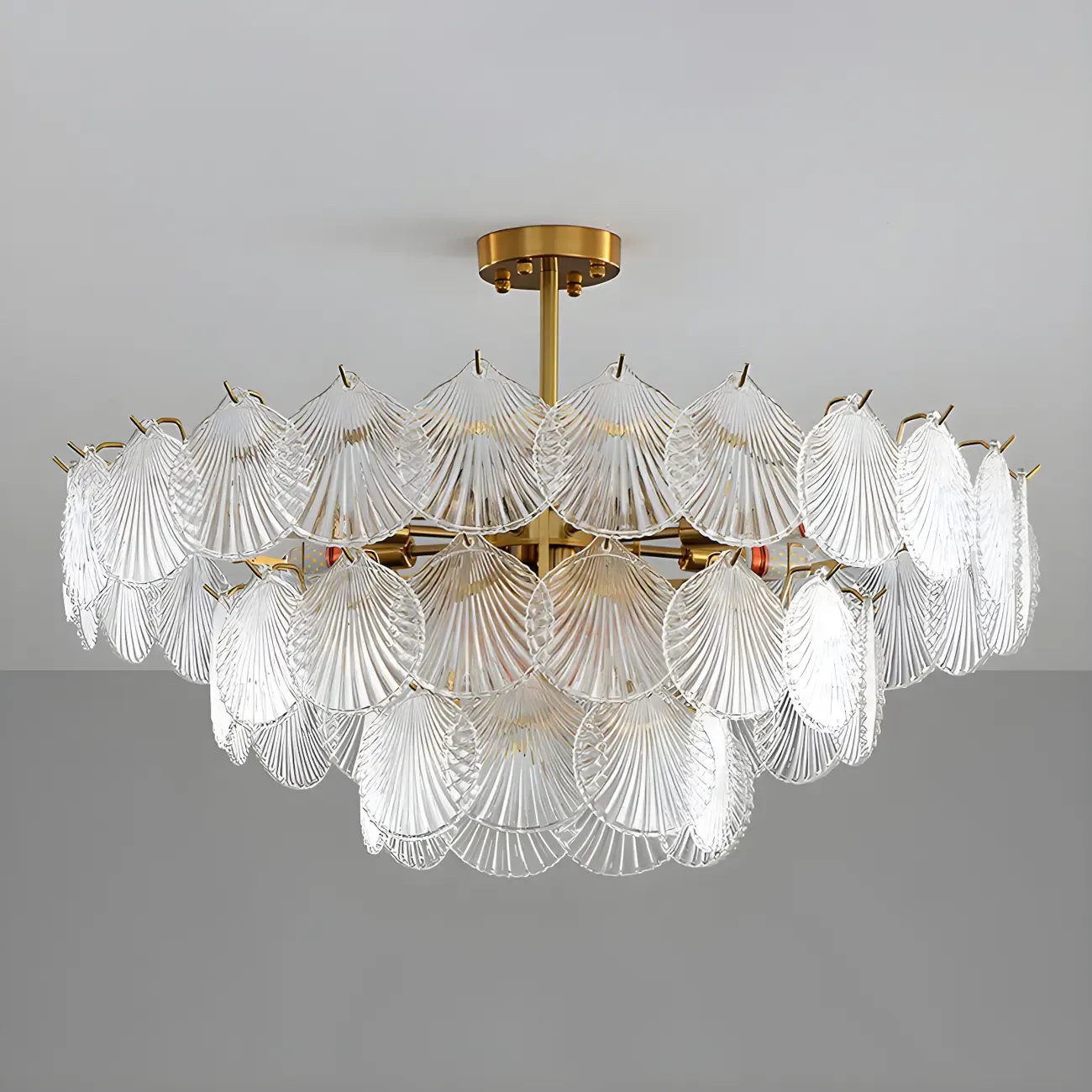 Adjustable Elegant Gold Unique Layered Scallop Glass Chandelier