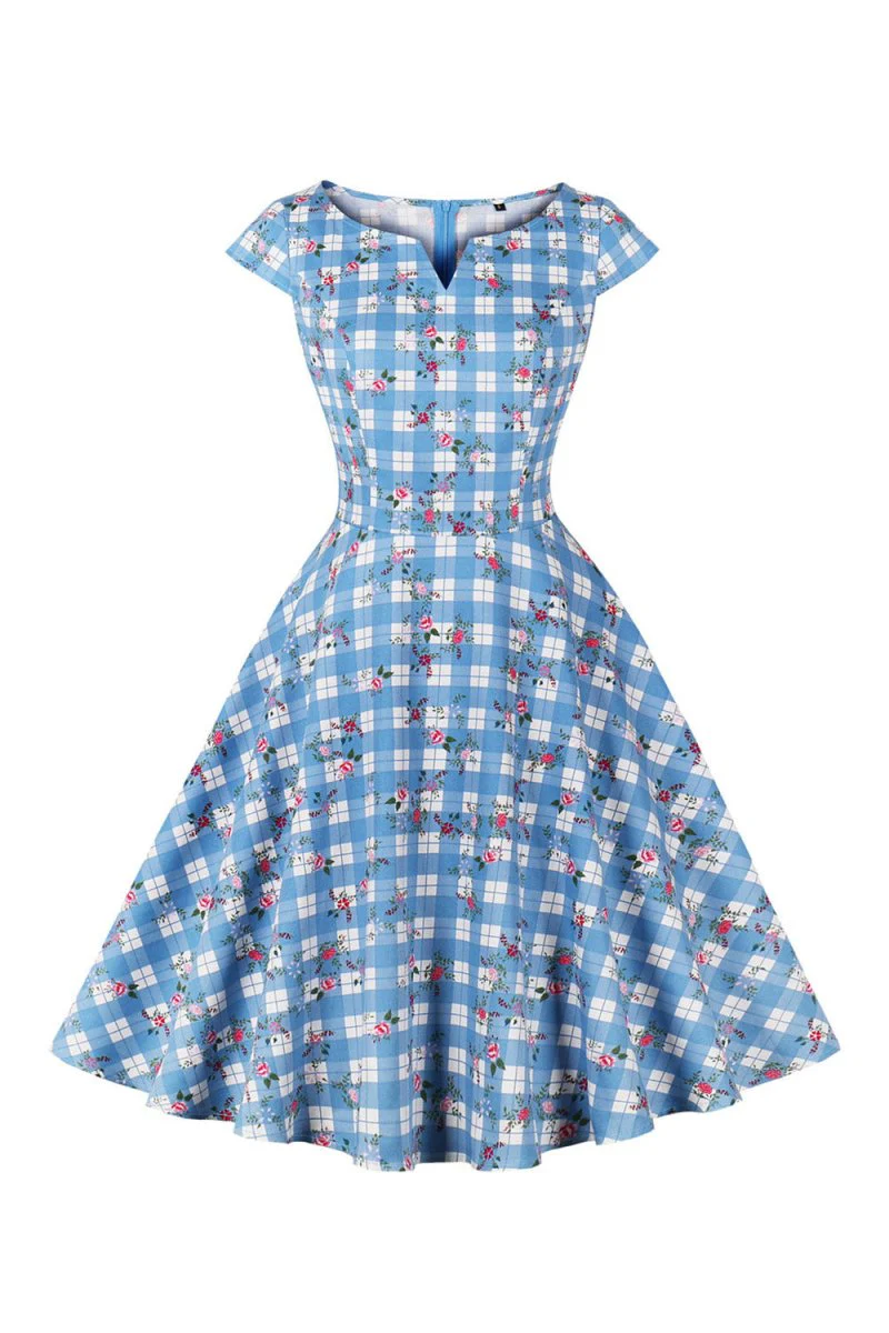 Printed Plaid Short Sleeveless Hepburn Style Vintage Dress