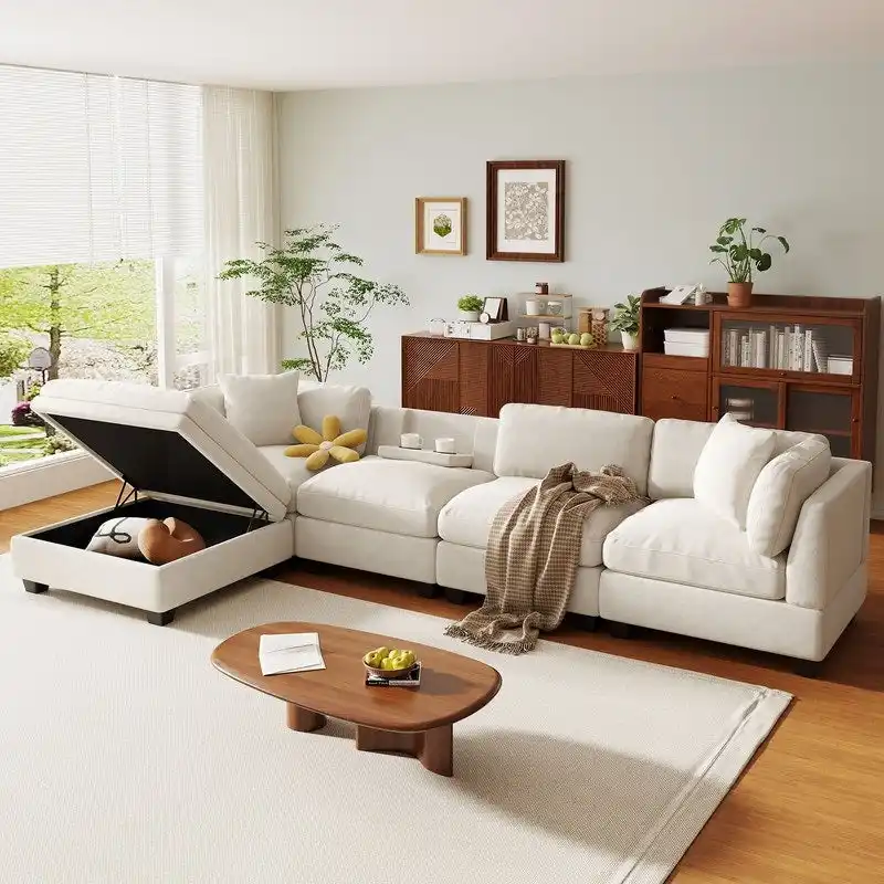 Modular Sofa with Removable Storage Ottoman, 2 Hidden Cup Holders