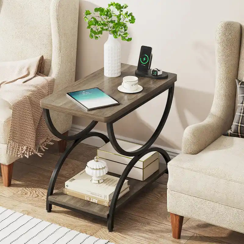 2-Tier Rectangular Wood Metal End Side Chairside Table