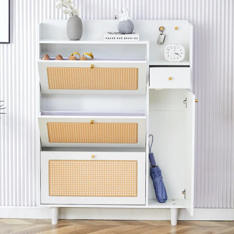 White Rattan Door Shoe Storage Cabinet with Bench Seat