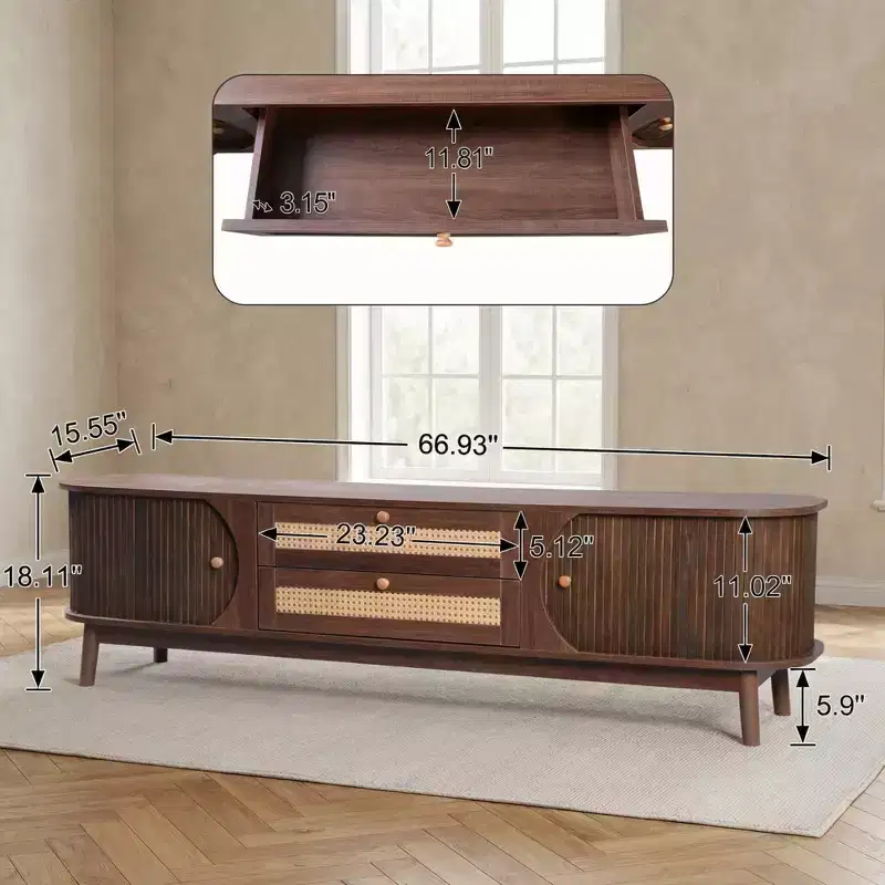 JVNOXK 67-inch Modern Farmhouse Style Rattan TV Stand, Suitable for 75-inch or Smaller TVs, Solid Wood Legs Entertainment Center - Walnut