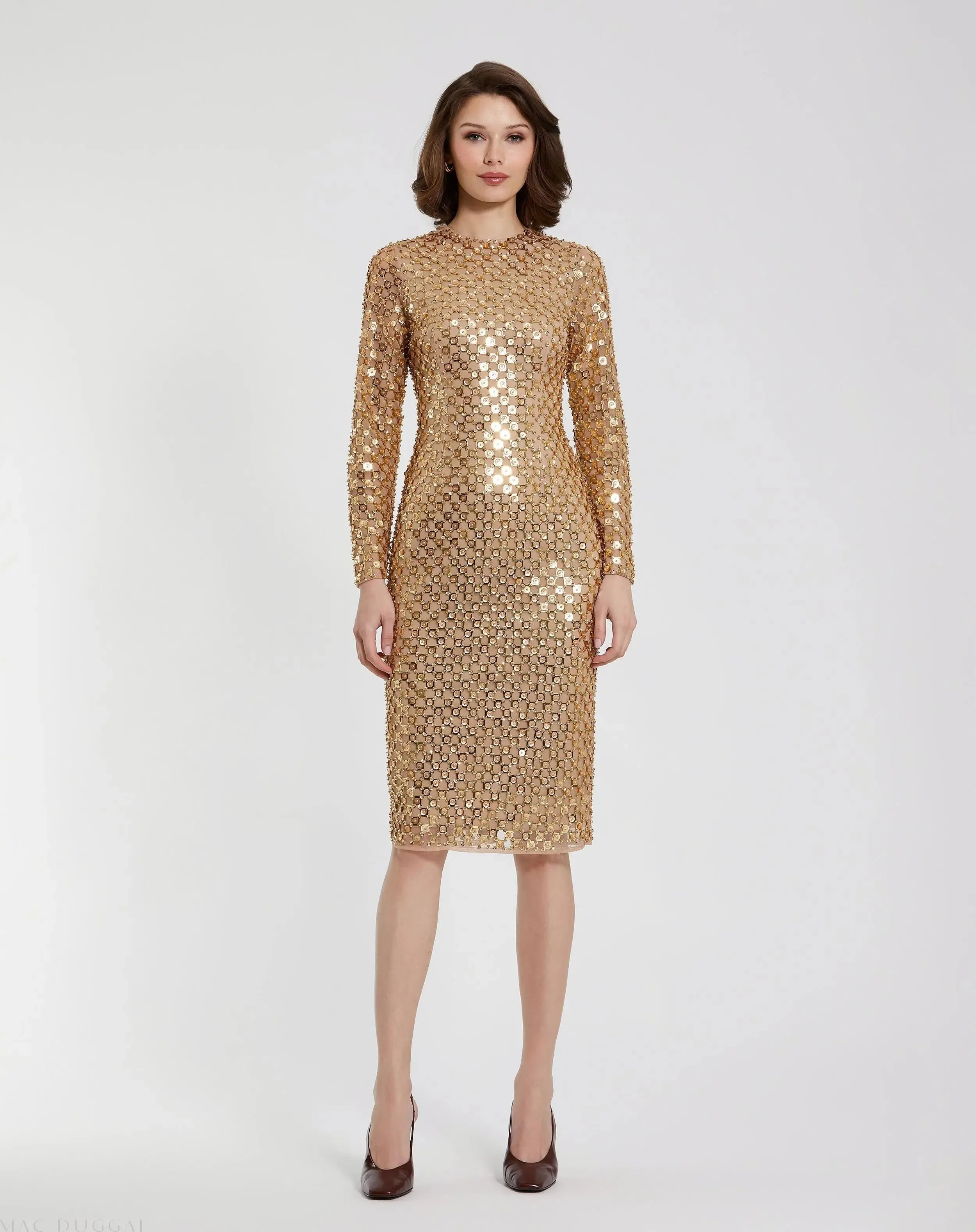 Gold Beaded Georgette Long Sleeve Fitted Midi Dress