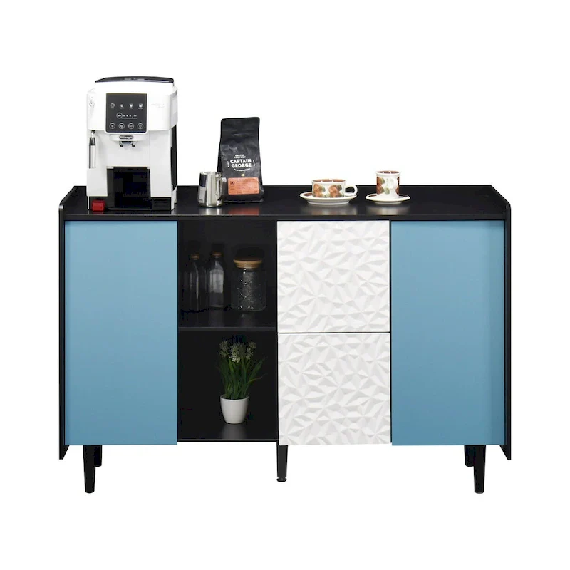 Sideboard Buffet Cabinet,Storage Cabinet with Blue Doors,2 Drawers with unique panel styling and 2 Open Storage Compartment