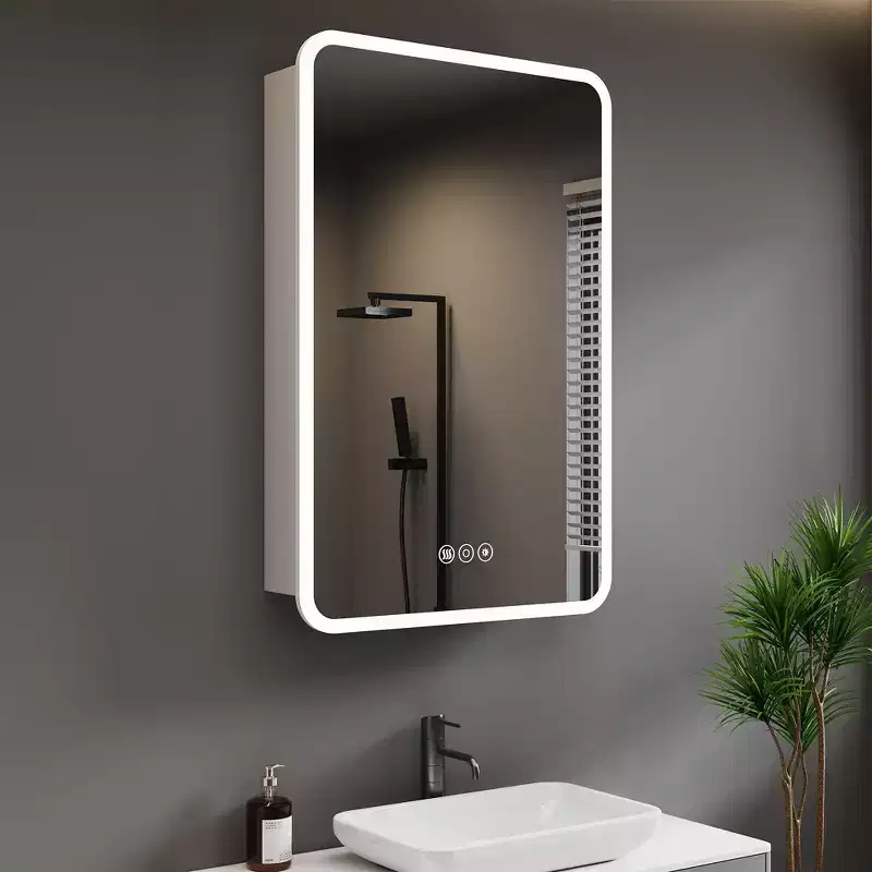 HBEZON LED Medicine Cabinet with Lights and Mirrors, Recess/Wall Mount Bathroom Cabinet, 3 Mode Lights, Dimmable, Anti-Fog, Silver