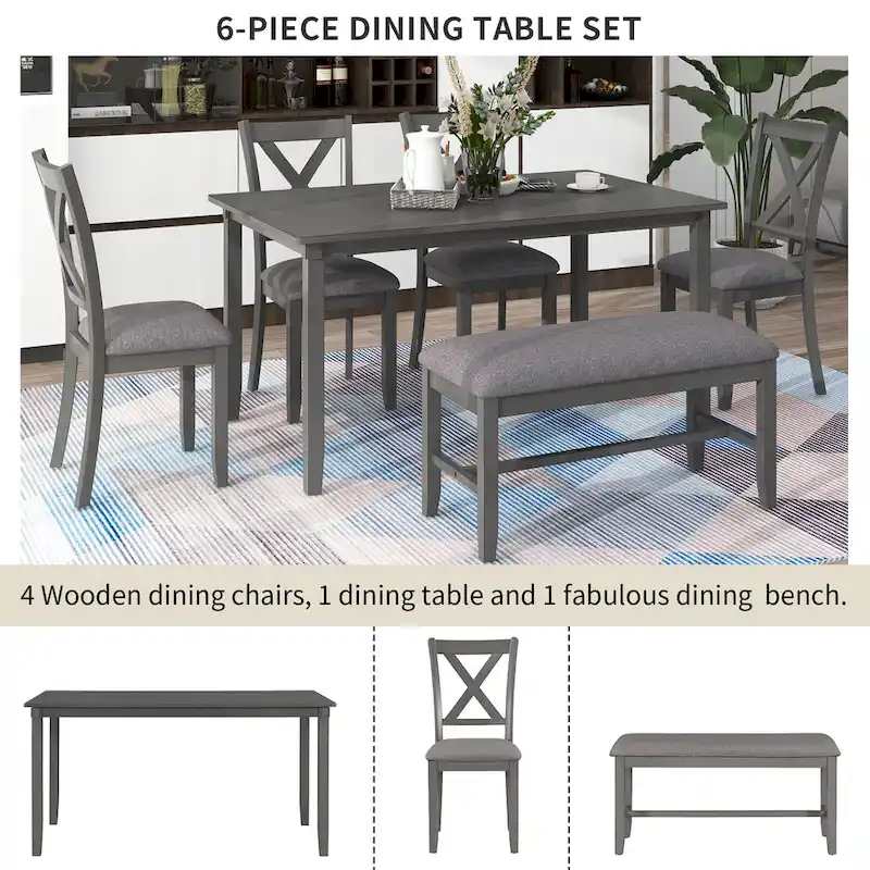 Nestfair 6-Piece Dining Table Set with 4 Fabric Chairs and Bench
