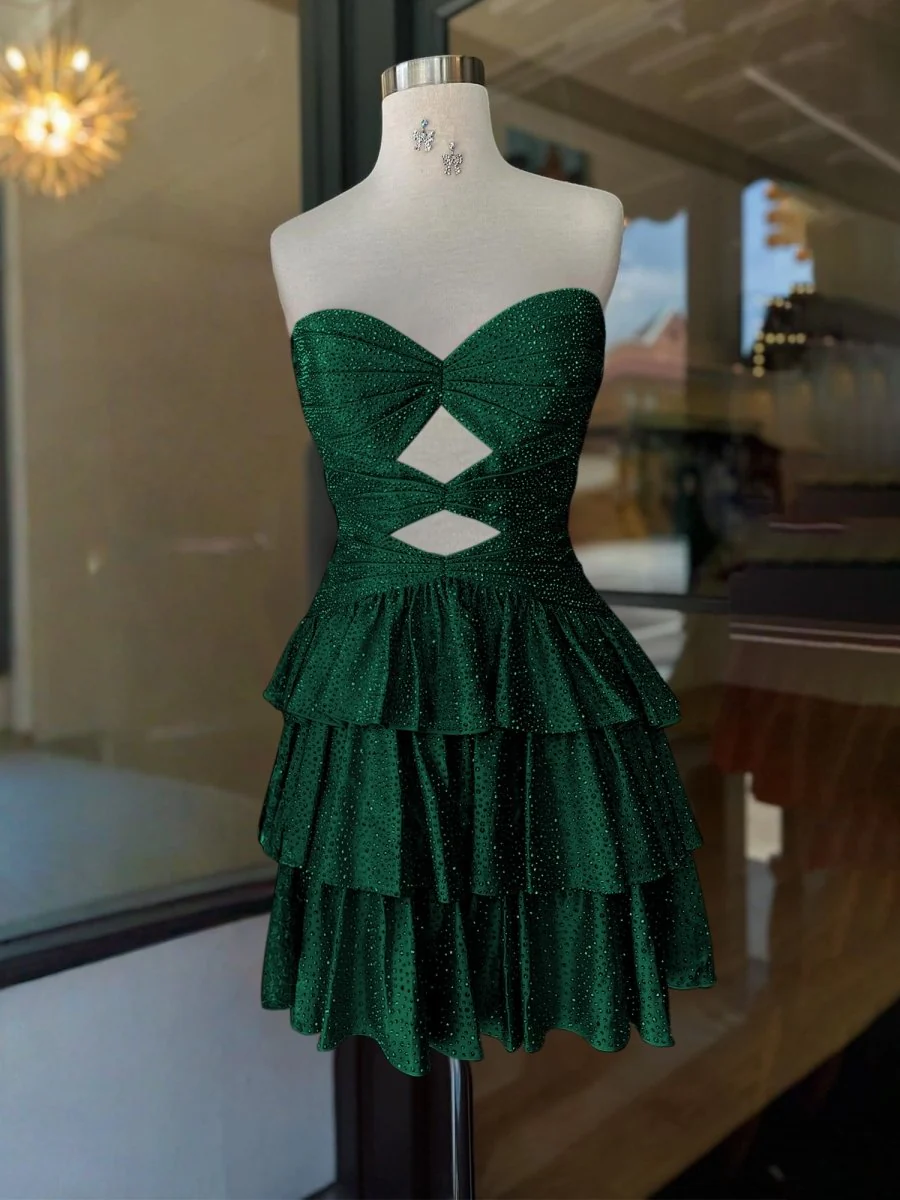 Dark Green - A Line Sweetheart Satin Cut Out Ruffled Homecoming & Cocktail Dresses with Beads