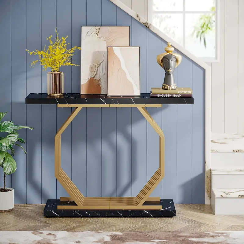 Gold Console Table, Faux Marble Entryway Table Narrow Sofa Table with Geometric Metal Base, 40 Inch Modern Accent Table
