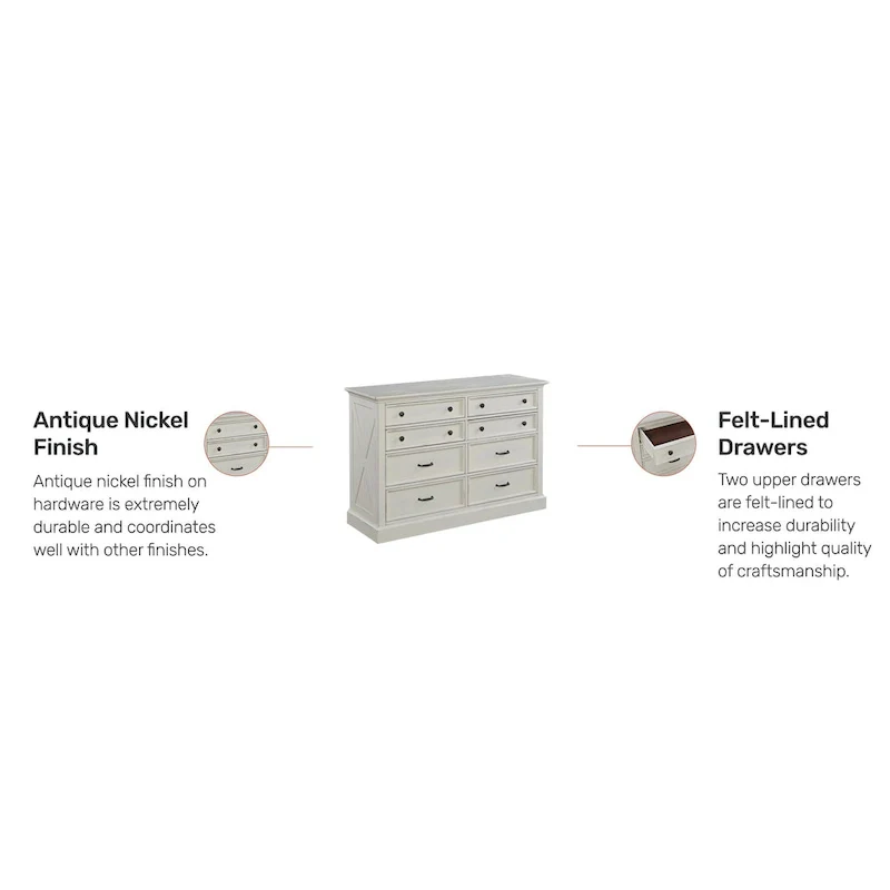 Off-White 8-Drawer Dresser – Rustic Farmhouse Bedroom Storage, Antique Hardware