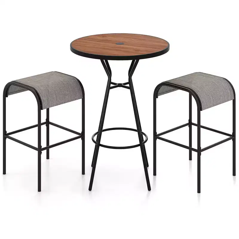 Costway 3 PCS Patio Bistro Set Round Table w/ 1.6 Umbrella Hole & 2 Stools Metal Frame