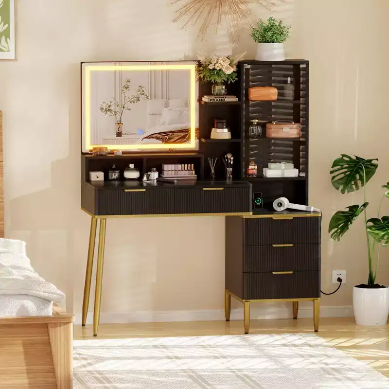 Makeup Vanity Desk with Power Outlet  Modern Glass Top Fluted Vanity, Acrylic Protective Door, 5 Drawers & Shelf  Elegant Dressing Table for Bedroom