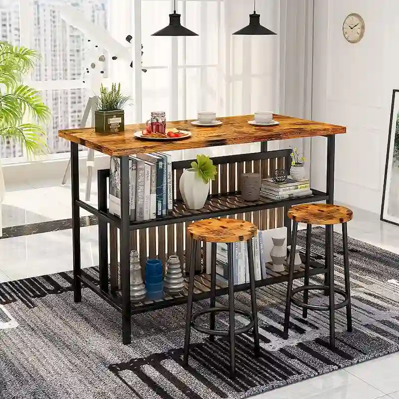 Mieres Kitchen Island with 2 Stools and Open Shelves