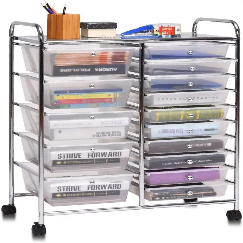 Clear / Black 15-Drawer Rolling Storage Cart, Single-User