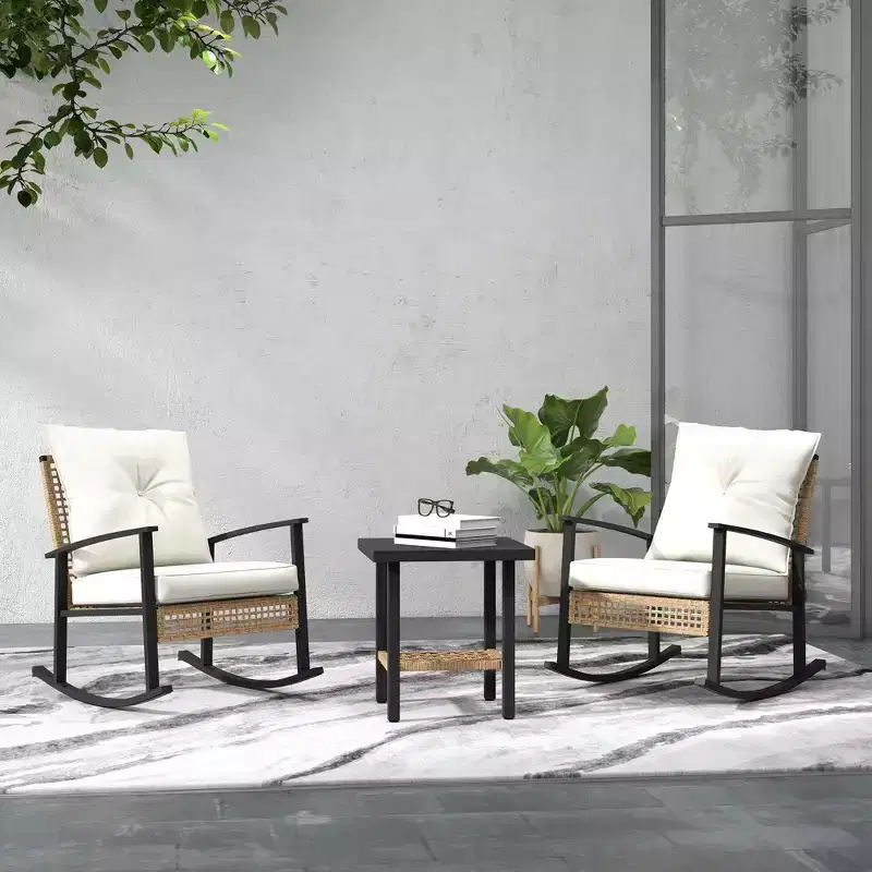 3 Pieces Bistro Set, Patio Wicker Furniture Set with Button Tufted Cushions, Rattan Rocking Chairs Table