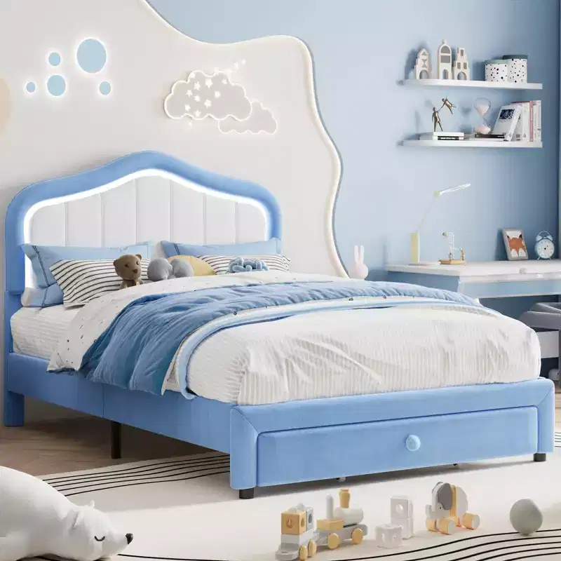Twin Size Bed Frame with Storage Drawer,Upholstered Platform Bed Frame with Wooden Slats Support, Easy Assembly,No Box Spring Needed, for Kids