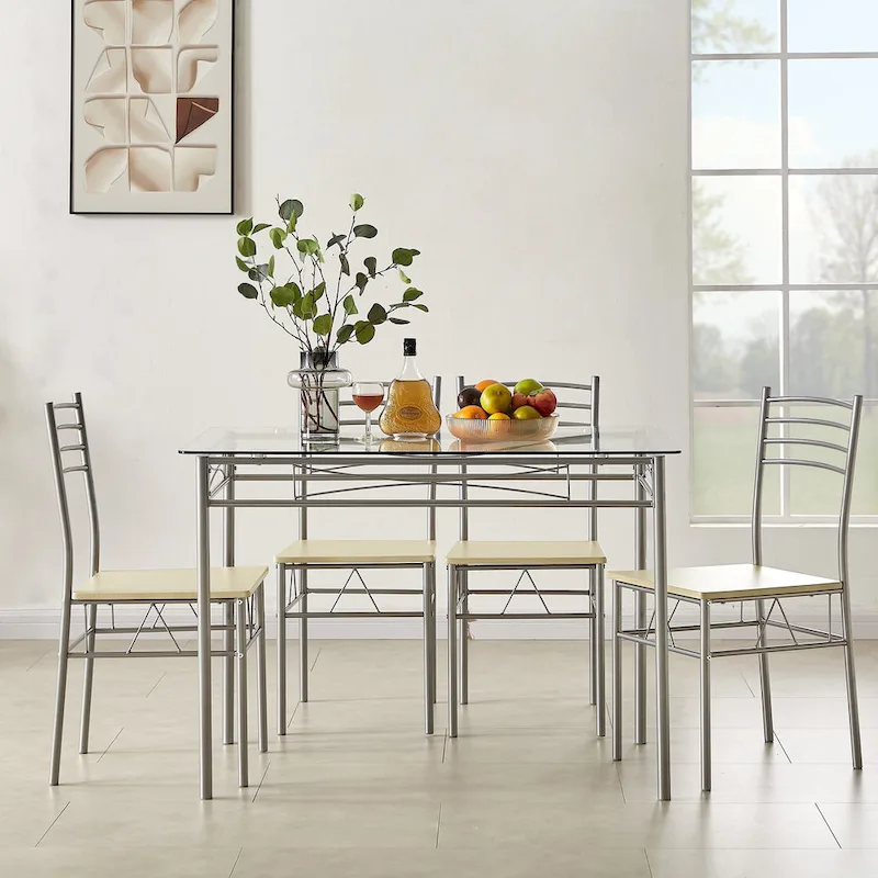 5-pieces Modern Dining Sets,Tempered Glass Table Top and 4 PU Chairs
