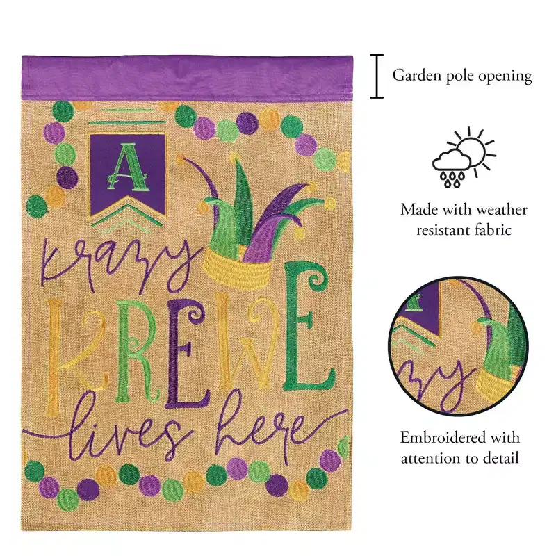 Magnolia Garden Krazy Krewe Lives Here Mardi Gras Burlap 13 x 18 Inch Polyester Garden Flag
