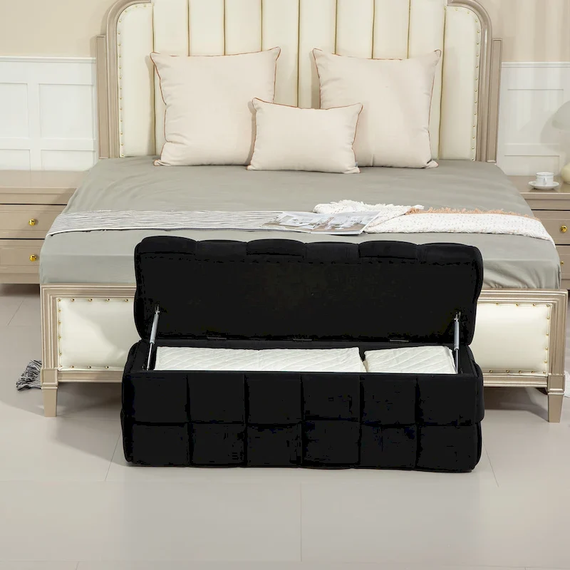 Velvet Upholstered Fabric Storage Ottoman with Safety Hinge, No assembly required