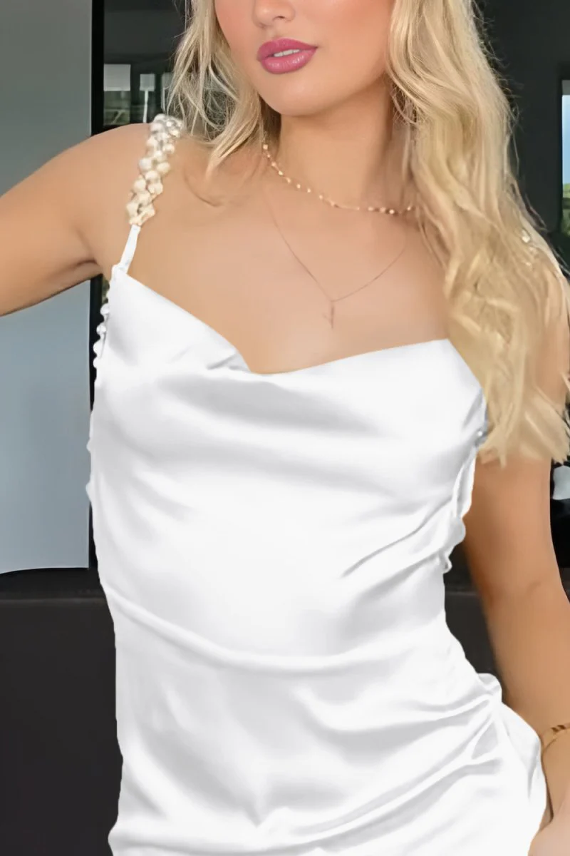 Yellow Sheath Spaghetti Straps Satin Long Prom Dresses With Pearls