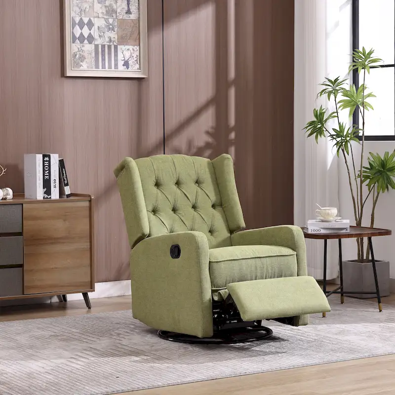 Olive Green Linen 360 Swivel Glider Rocker Manual Recliner with Button-tufted Backrest and Footrest for Living Room, Bedroom