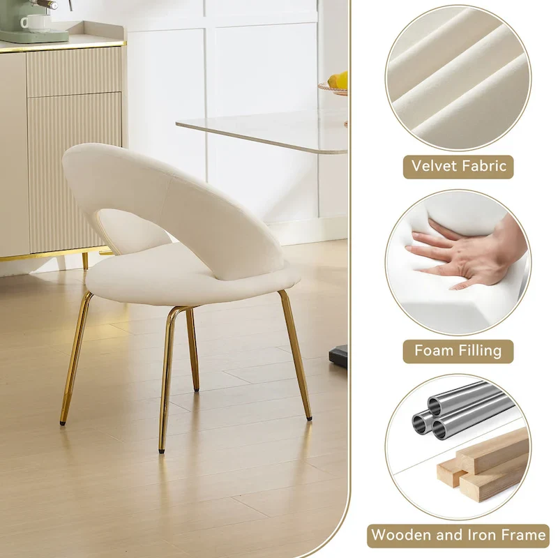Velvet Dining Chair with Curved Backrest - Gold Legs - Single Seat