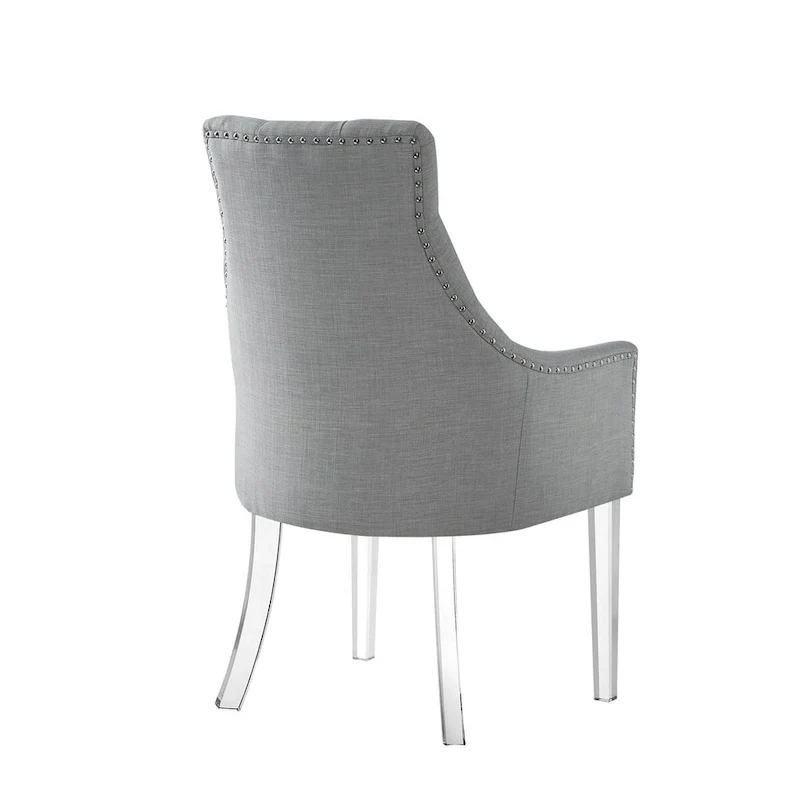 HomeRoots Set of Two Tufted Light Gray and Clear Upholstered Linen Dining Arm Chairs
