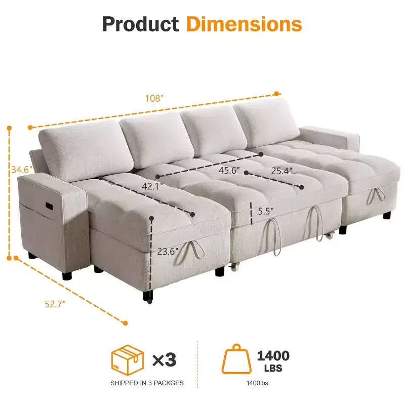 Dyonery Modular Sectional Sleeper Sofa with Pull Out Bed, U Shaped Sectional Sofa with USB Ports/Adjustable Backrest/2 Storage Seats