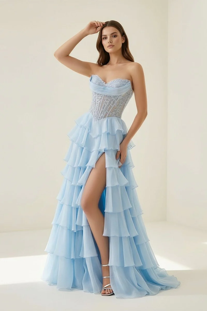 Sky Blue - Strapless A Line Chiffon Ruffled Prom Dresses With Appliques