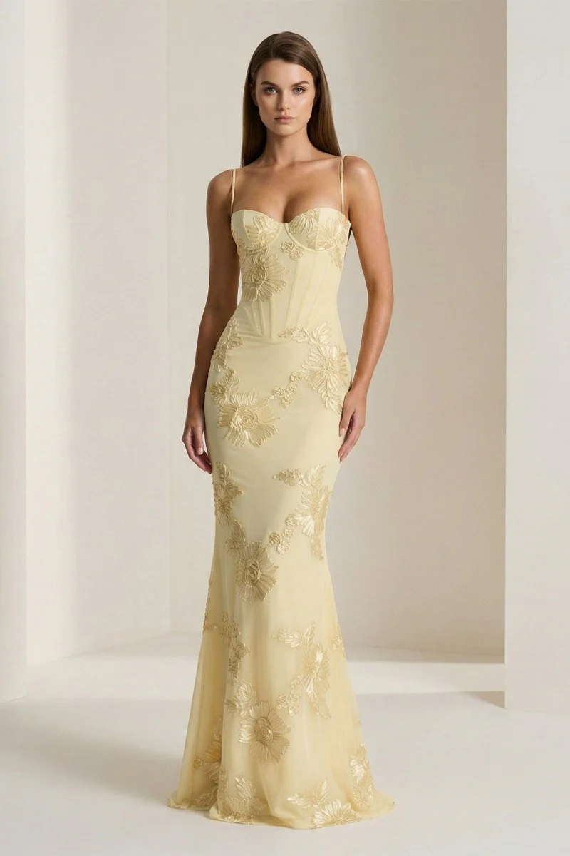 Yellow Spaghetti Straps Sheath Long Prom Dresses With Floral Embroidery