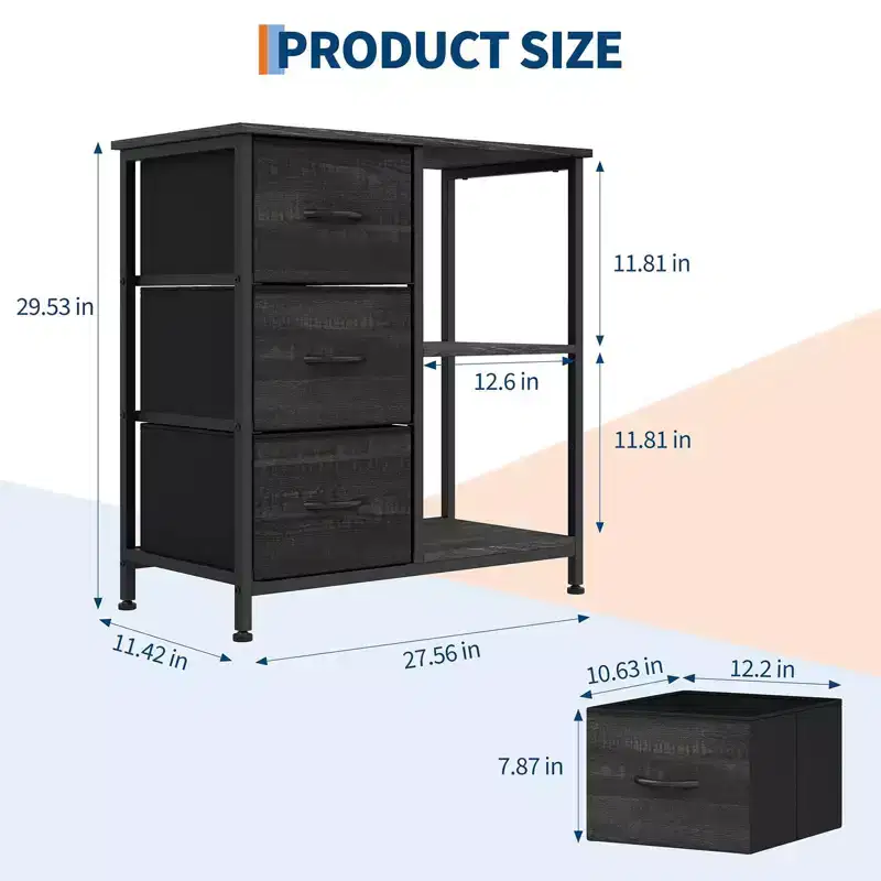 Filing Cabinet, Office Cabinet with 3 Drawers & 2 Open Compartments, Waterproof Drawer Cabinet, Printer Stand, Folder Cabinet with Adjustable Feet