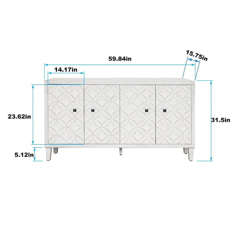 White Washed MDF 4-Door Sideboard Buffet Cabinet with Adjustable Shelves & Black Handles