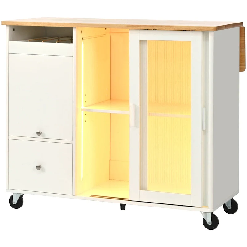 Kitchen Island with Drop Leaf, LED Light