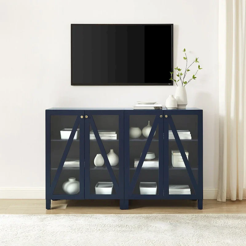 Media Storage Cabinet Set - Navy Finish with Tempered Glass Doors