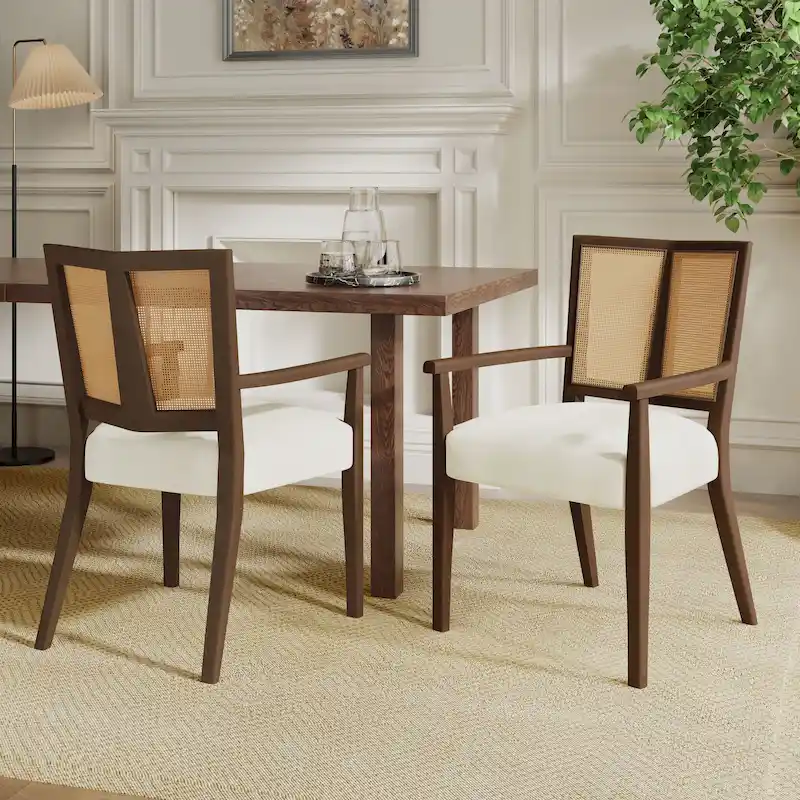 Christopher Knight Home - Harrison Mid-Century Upholstered Arm Dining Chair Set of 2 with Rattan Back