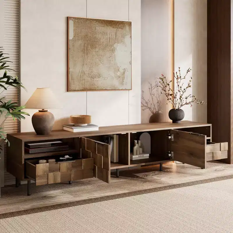 ModernLuxe TV Stand with 3D Woven-Texture Doors, Mid-Century Media Console for TVs up to 85, Large Entertainment Center with Storage, Natural
